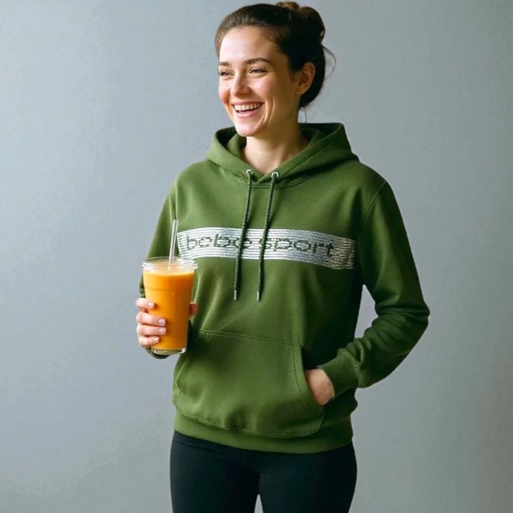 BEBE SPORT Plus Size Women's Forest Green Solid Stripe Logo Hoodie NWT - Picture 1 of 14